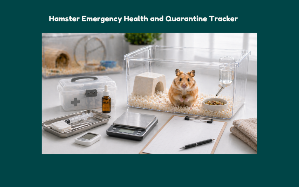 Hamster in a clean quarantine hospital bin with first aid supplies, digital scale, syringe, water bottle, and blank health tracker sheet