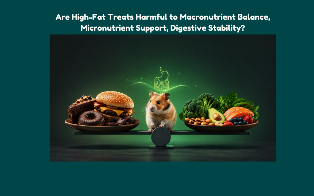 Hamster between junk food and healthy foods on a balance scale representing the effects of high-fat treats on nutrition and digestive health.