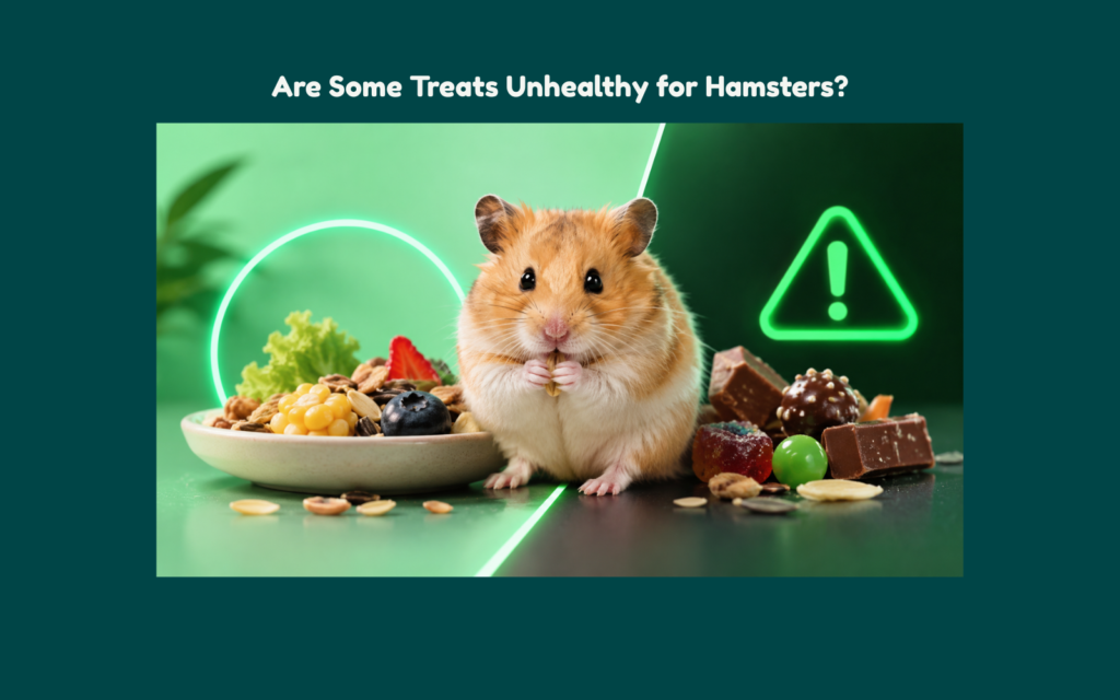 Hamster surrounded by healthy seeds and vegetables on one side and sugary processed treats on the other, illustrating unhealthy treats for hamsters in a clean editorial-style composition.