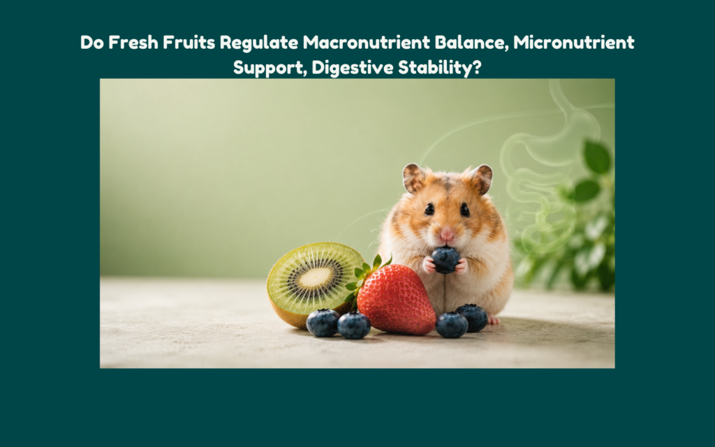 Cute hamster eating a blueberry beside fresh kiwi, strawberry, and blueberries on a matte surface with subtle green wellness-inspired background elements symbolizing digestive balance and nutritional support.