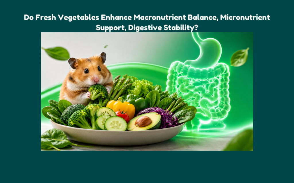 Fresh vegetables and a healthy hamster beside a glowing digestive system illustration, symbolizing balanced nutrition, micronutrient support, and digestive health