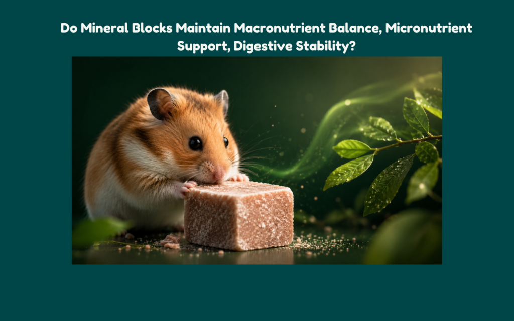 Golden Syrian hamster interacting with a mineral block in a cinematic natural setting symbolizing digestive stability, micronutrient support, and balanced hamster nutrition.