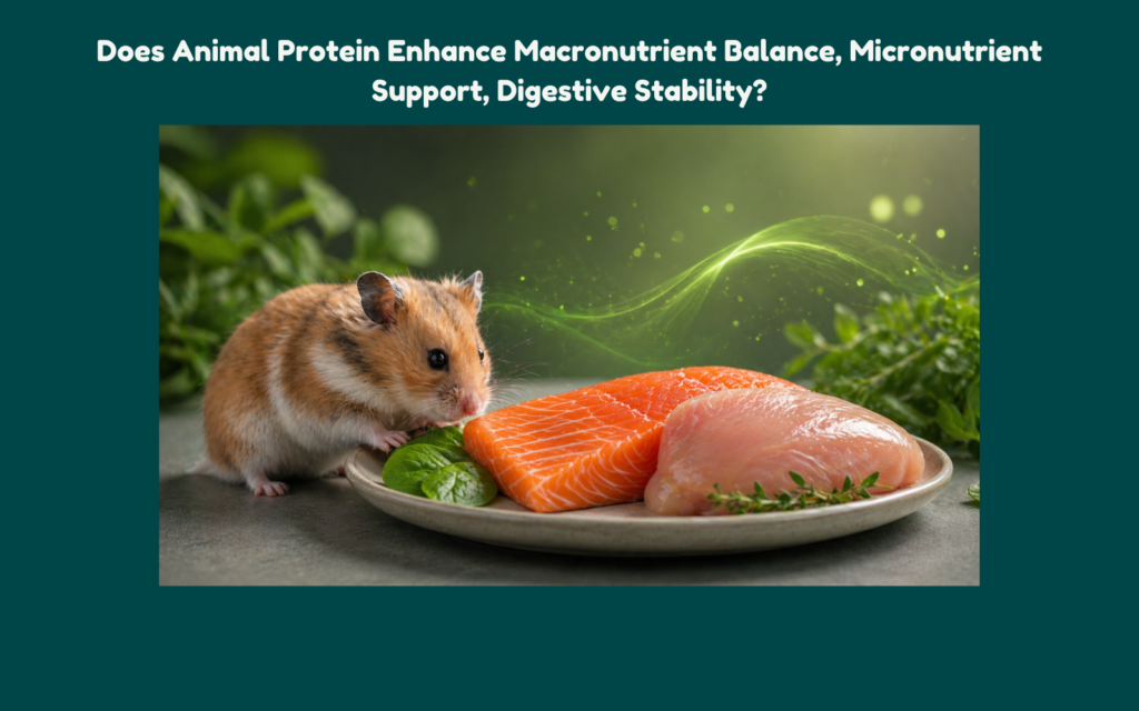 Hamster beside fresh salmon and chicken on a clean plate with subtle green nutrient-inspired glow representing animal protein, digestive stability, and balanced hamster nutrition.