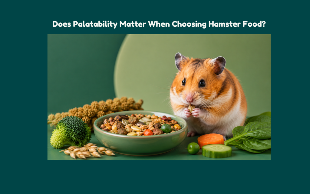 Hamster eating a flavorful mixed food blend with seeds, grains, and fresh vegetables in a premium editorial feeding scene