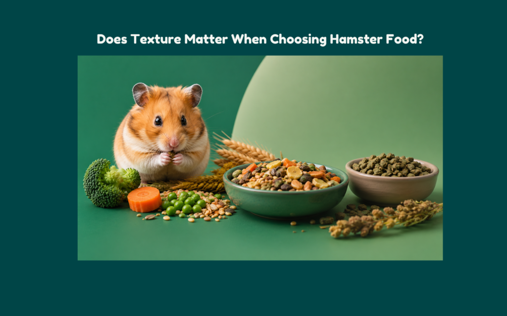 Hamster beside balanced daily feeding foods including seed mix, pellets, grains, and fresh vegetables in a premium editorial feeding setup.