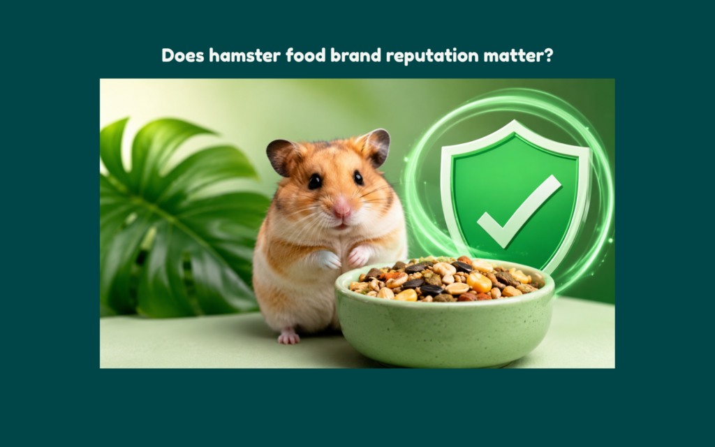 Golden Syrian hamster next to a bowl of hamster food with a glowing green shield symbol representing trusted hamster food brand reputation and dietary safety.