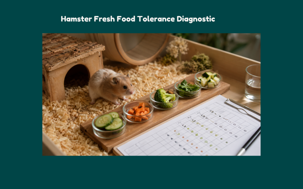 Realistic hamster beside separated fresh food portions and a diagnostic tracking sheet representing fresh food tolerance testing and monitored dietary response.