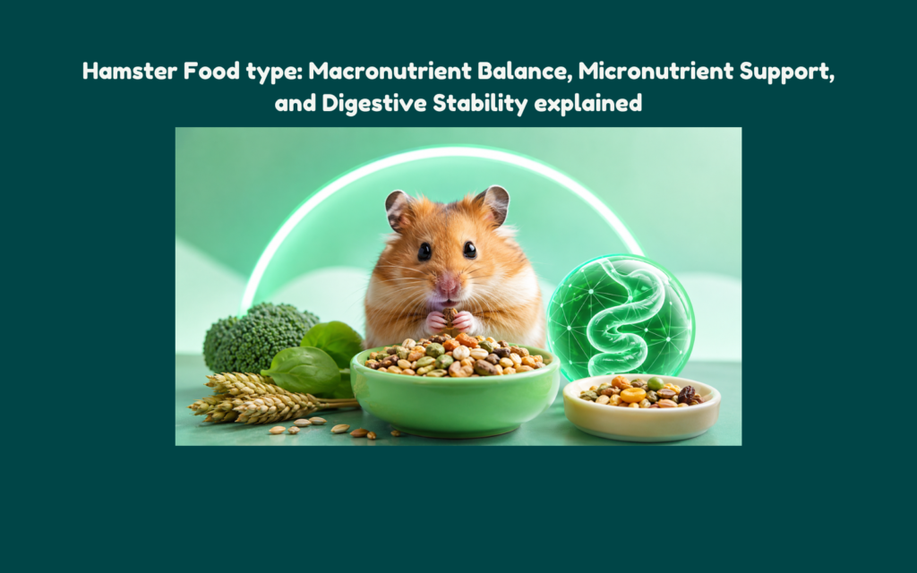 Golden hamster eating a balanced mix of seeds and pellets beside fresh vegetables and a symbolic digestive health element representing hamster food types, nutrient balance, and digestive stability.