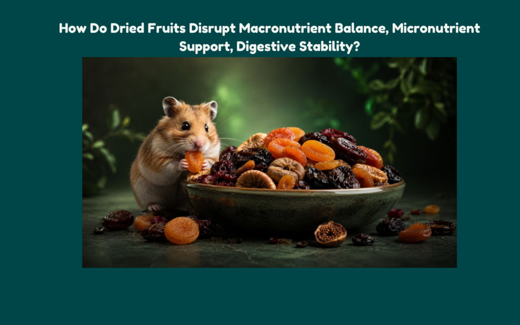 Hamster beside an overflowing bowl of dried fruits in a moody cinematic setting, symbolizing how concentrated sugary snacks may disrupt nutritional balance and digestive stability.