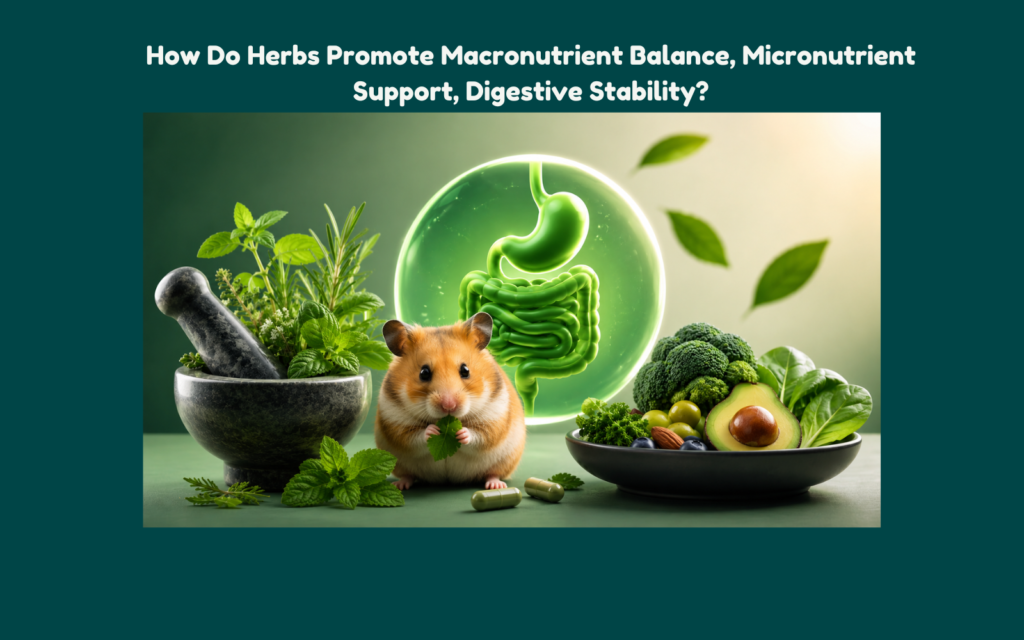 Hamster eating fresh herbs beside a glowing digestive health illustration with nutrient-rich vegetables and natural botanical ingredients in a premium green wellness setting