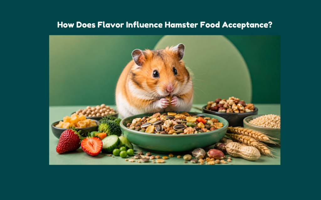 Hamster beside balanced daily feeding foods including mixed seeds, pellets, grains, and fresh vegetables in a premium editorial feeding setup.