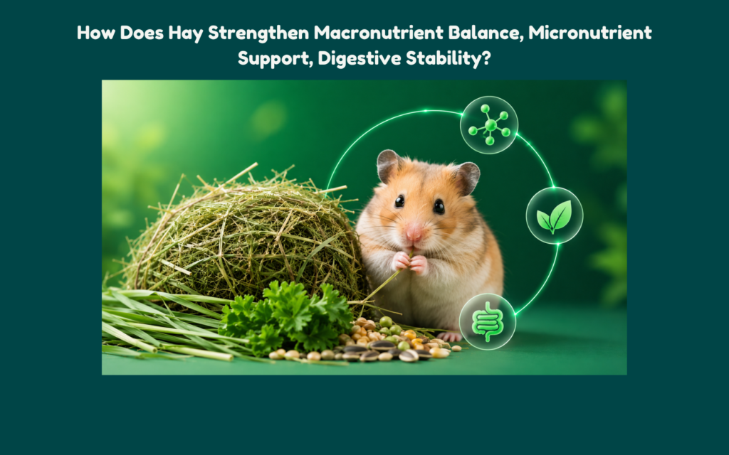 Healthy hamster sitting beside fresh hay, seeds, and leafy greens with subtle digestive and nutrition-themed visual elements on a clean green background representing balanced hamster nutrition and digestive support