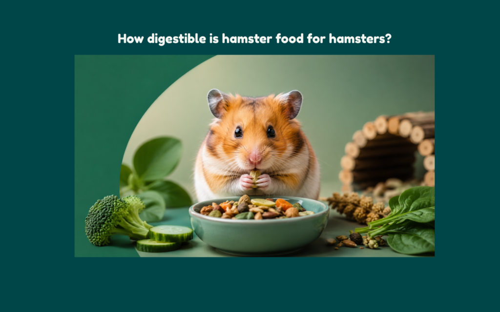 Golden Syrian hamster eating a species-appropriate mixed diet beside fresh vegetables, seeds, and nutrient-rich hamster food in a clean natural habitat setting