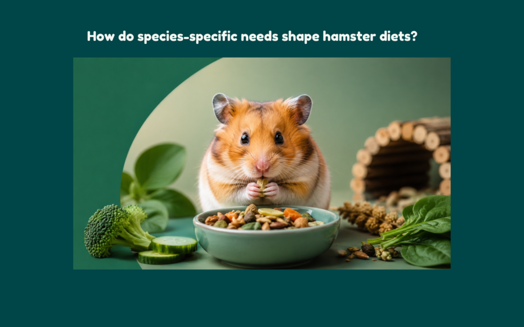 Syrian hamster eating a species-appropriate seed and vegetable diet beside fresh greens and natural habitat elements in a clean premium editorial setting.