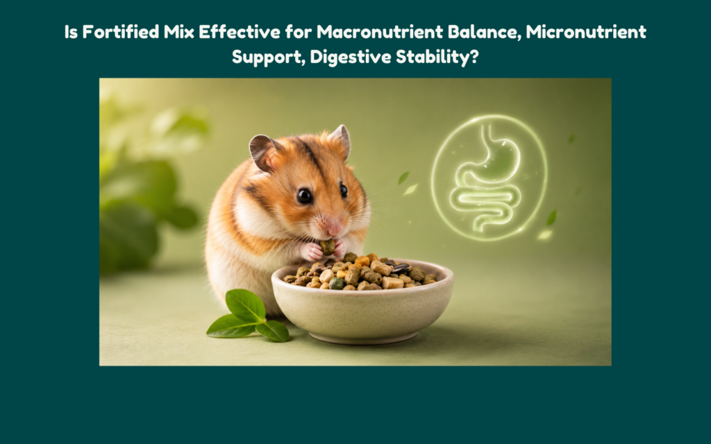 Golden hamster eating fortified pellet and seed mix from a ceramic bowl with a subtle digestive health icon in a soft green premium editorial background