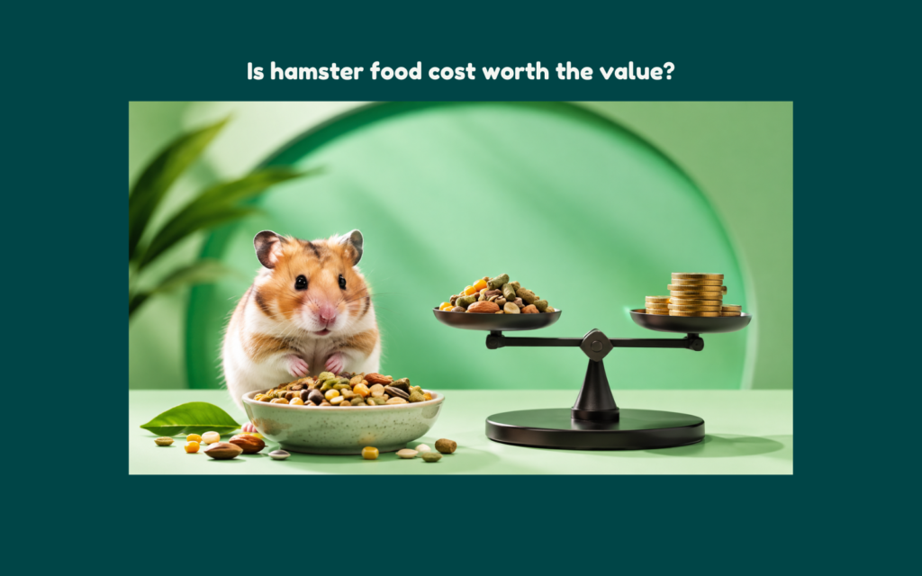 Hamster beside a bowl of nutritious food and a balance scale comparing pet food value and cost in a clean green editorial background.
