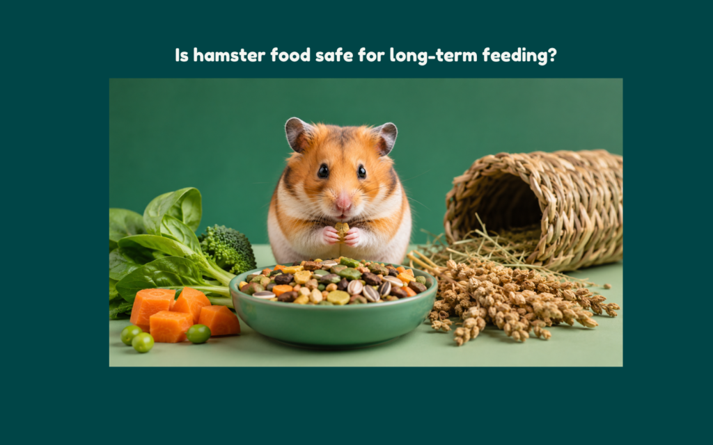 Healthy hamster beside a balanced long-term feeding setup with mixed seeds, pellets, grains, and fresh vegetables in a premium editorial environment.