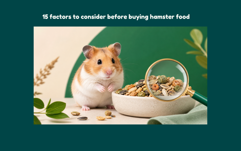 Healthy hamster beside a bowl of mixed hamster food with a magnifying glass inspecting the seeds and pellets.