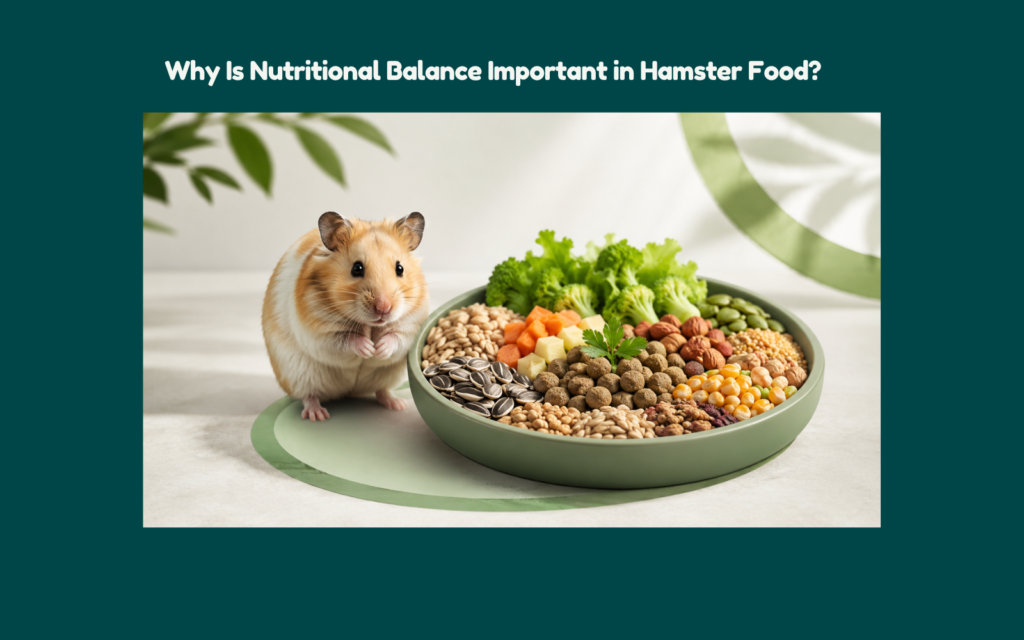 Balanced hamster food bowl with grains, seeds, pellets, fresh greens, and a healthy hamster, representing proper nutritional balance in hamster diets.