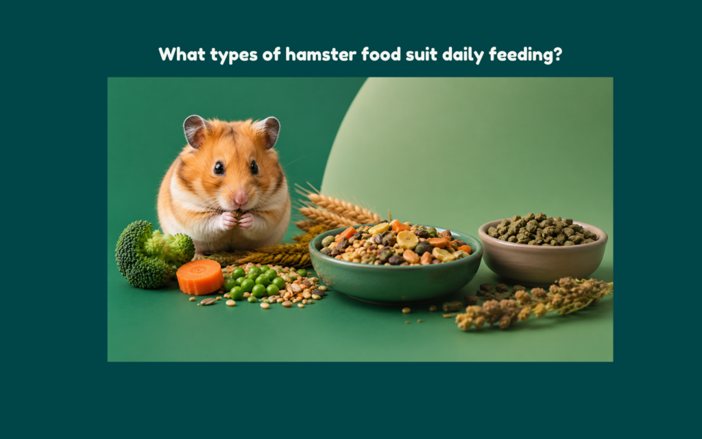 Hamster beside a balanced daily feeding setup with mixed seeds, pellets, grains, and fresh vegetables in a premium editorial composition.