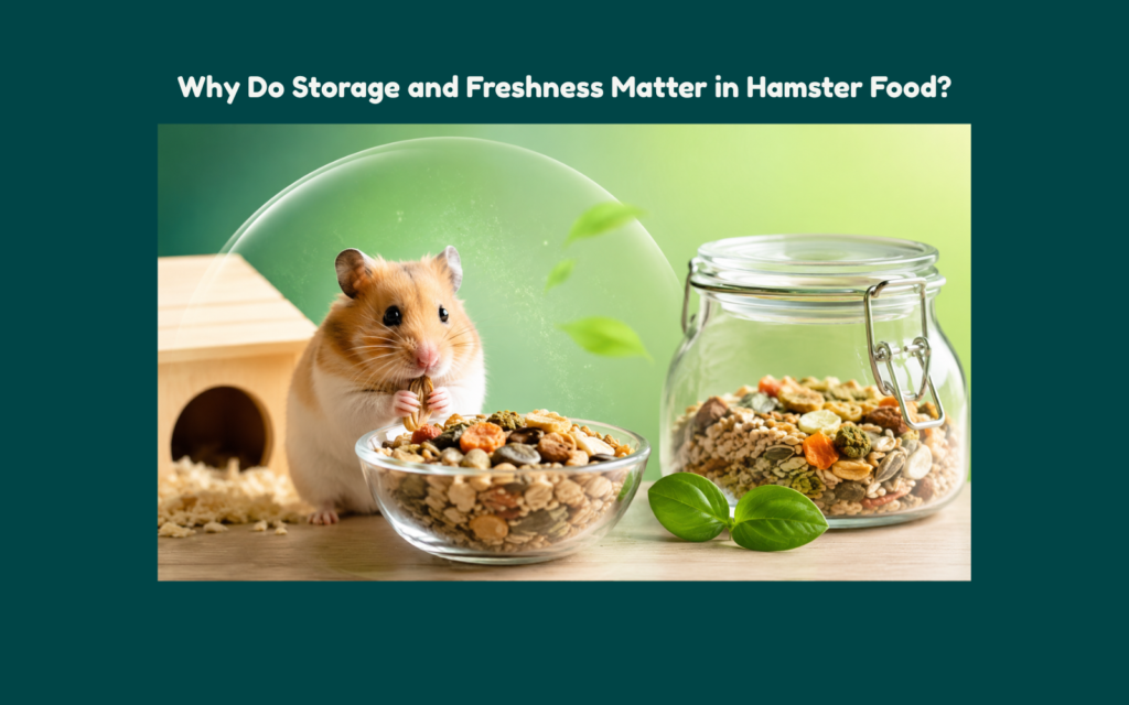 Golden hamster eating from a fresh mixed food bowl beside an airtight glass storage jar filled with seeds, grains, and dried vegetables in a clean modern habitat representing proper hamster food storage and freshness.