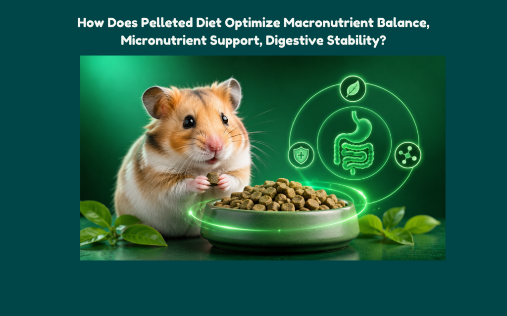 A premium editorial-style featured image showing a healthy hamster beside a bowl of pelleted food, visually representing optimized macronutrient balance, micronutrient support, and digestive stability through a clean modern nutritional concept.