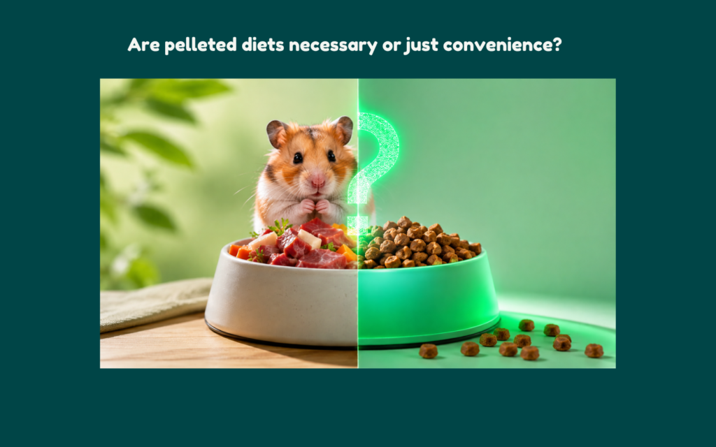 Hamster sitting between a bowl of natural food ingredients and pelleted hamster food with a modern green editorial background symbolizing the debate around pelleted diets and feeding convenience.