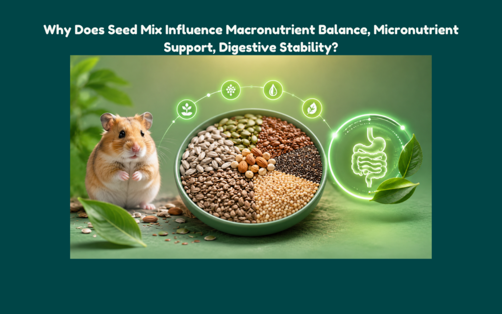 Hamster beside a balanced seed mix bowl with glowing digestive health symbols representing nutrition balance, micronutrient support, and digestive stability.