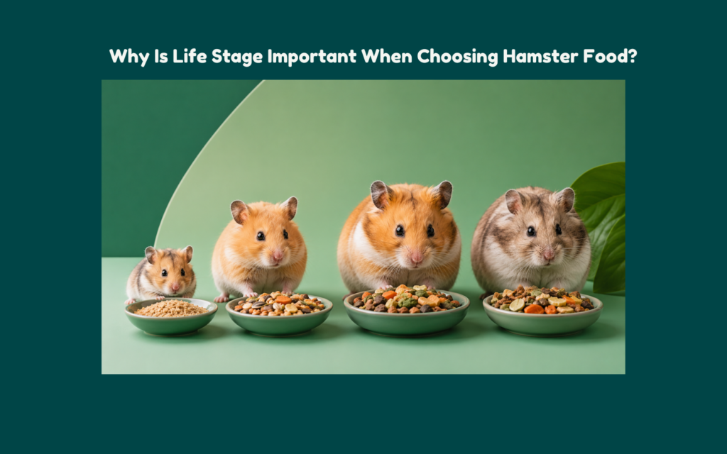 Hamsters at different life stages with age-appropriate food bowls, illustrating how hamster dietary needs change from young to mature life stages.
