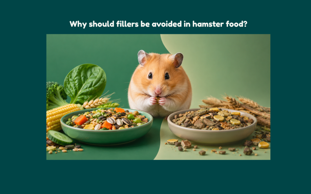 Hamster positioned between fresh nutrient-rich ingredients and low-quality processed hamster food in a premium editorial comparison scene.