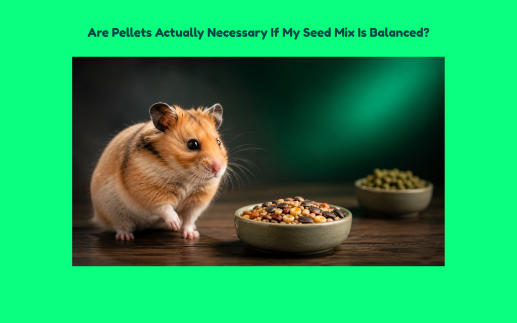 Syrian hamster beside a balanced seed mix with pellets in the background, illustrating a hamster nutrition and diet evaluation concept.