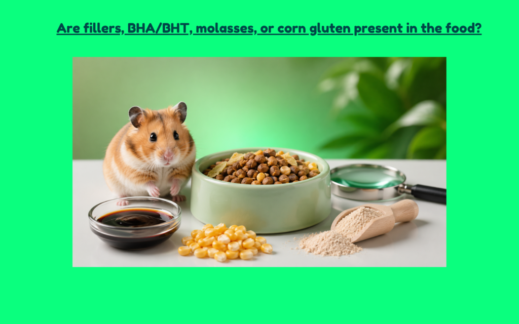 Alt Text: Hamster beside a bowl of pellet food with corn kernels, molasses, powdered filler ingredients, and a magnifying glass used to inspect hamster food ingredients.