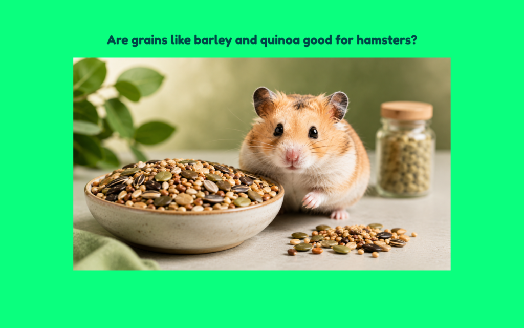 A curious hamster sits between piles of barley and quinoa, visually comparing the grains in a clean editorial setting that represents healthy dietary choices for hamsters.