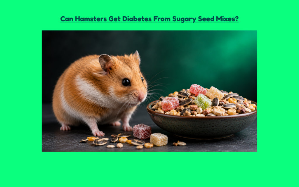A hamster examines a bowl of mixed seeds containing several sugar-coated treats, illustrating the potential risks of sugary seed mixes in a pet hamster's diet.