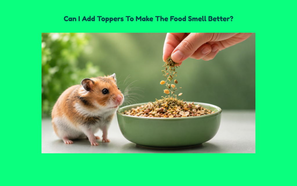Hamster watching dried forage toppers being sprinkled onto a bowl of seed mix and oats