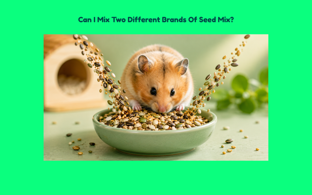 Golden Syrian hamster eating from a bowl of mixed seed mix while two different seed blends combine into a single hamster meal