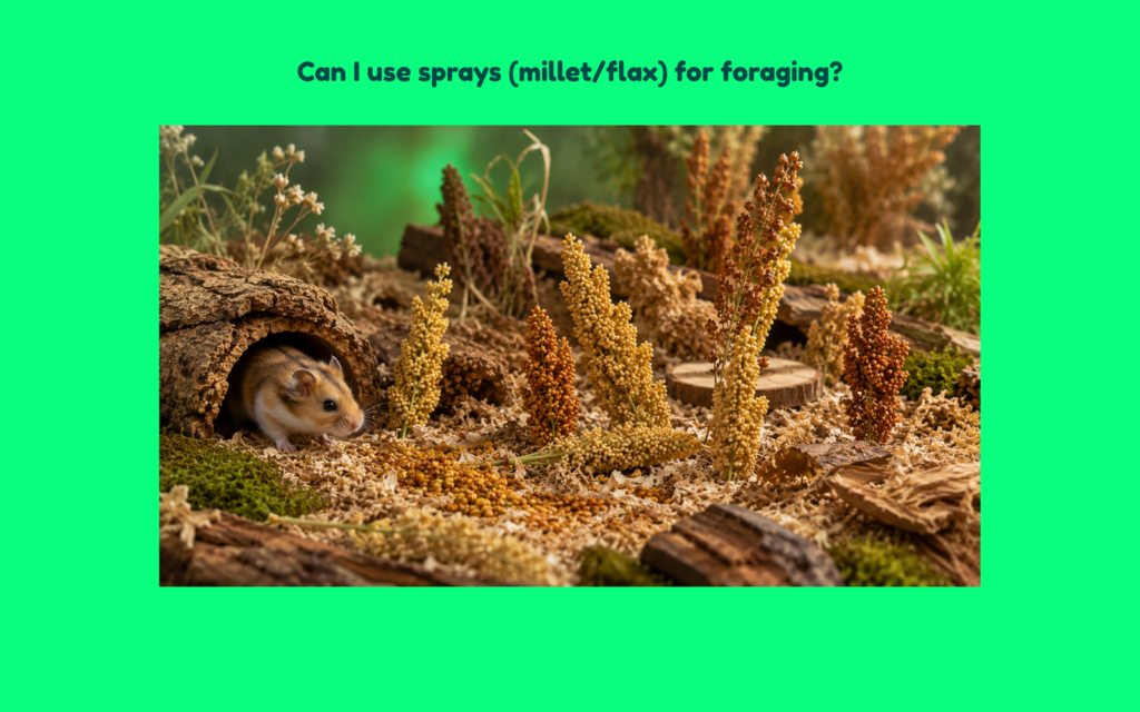 Alt Text: Hamster emerging from a tunnel in a naturalistic enclosure with millet and flax sprays positioned throughout the substrate as foraging enrichment.