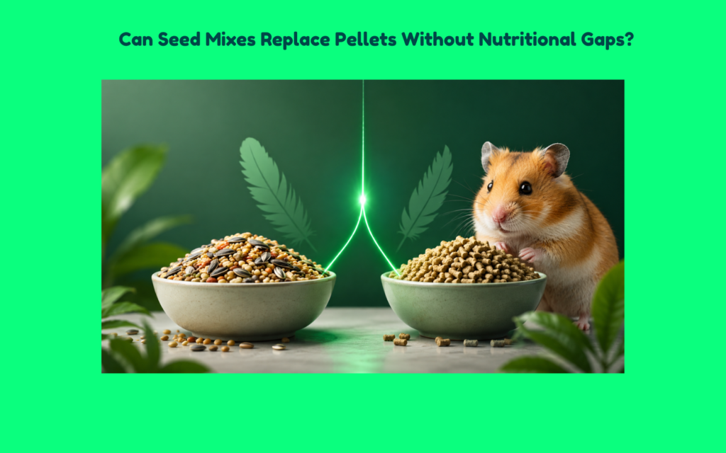 Golden Syrian hamster beside two bowls of food, one filled with mixed seeds and the other with pellets, symbolizing the nutritional comparison between seed mixes and pellet-based hamster diets.