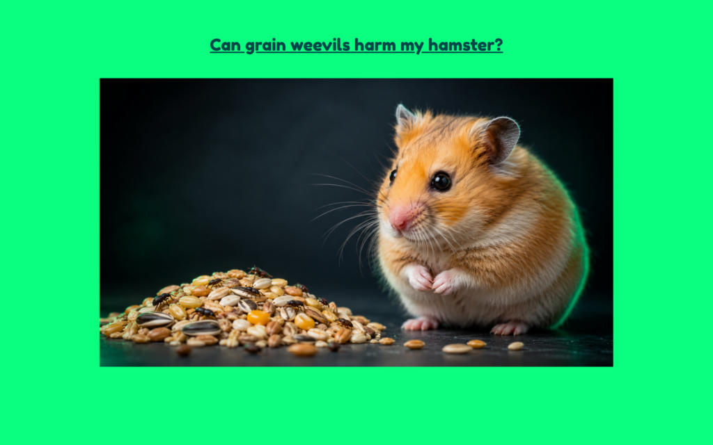 Golden Syrian hamster cautiously observing a pile of mixed grains and seeds containing visible grain weevils against a dark studio background.