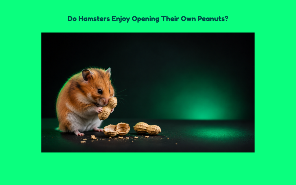 Golden Syrian hamster manipulating an unopened peanut shell beside cracked shells in a premium editorial studio setting.