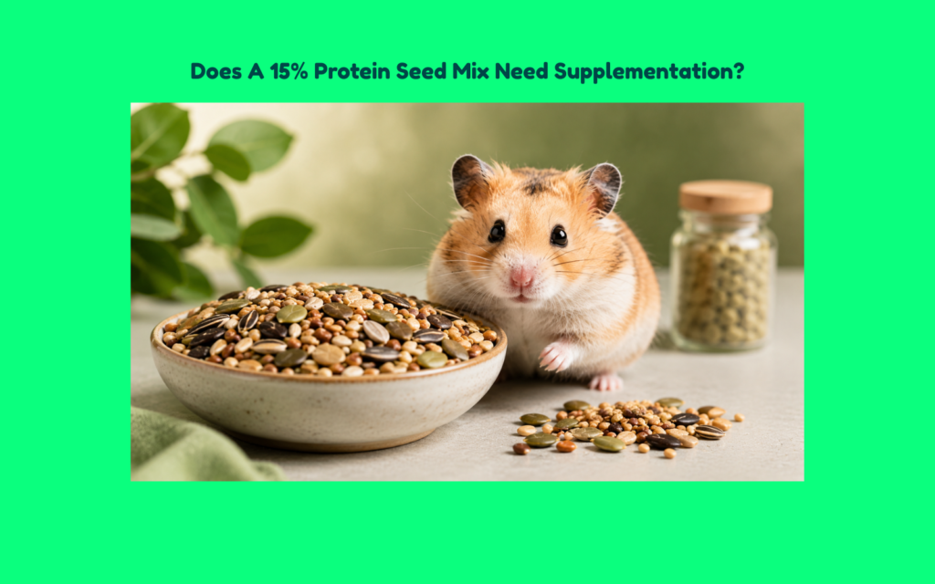 Alt Text Syrian hamster next to a bowl of protein-rich seed mix with a supplement container blurred in the background.