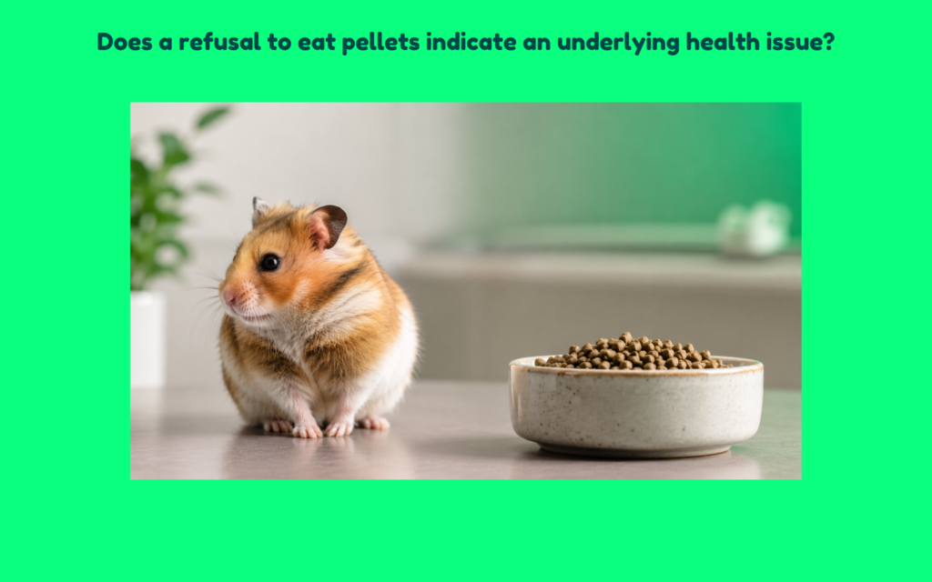 Hamster sitting beside a bowl of pellet food, appearing uninterested in eating, illustrating potential dietary preferences or health-related feeding concerns.