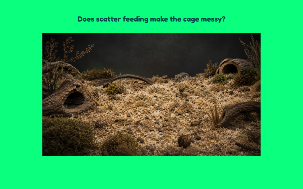 Naturalistic hamster habitat with deep bedding, scattered seeds distributed throughout the enclosure, wooden hideouts, and a hamster foraging among the substrate.