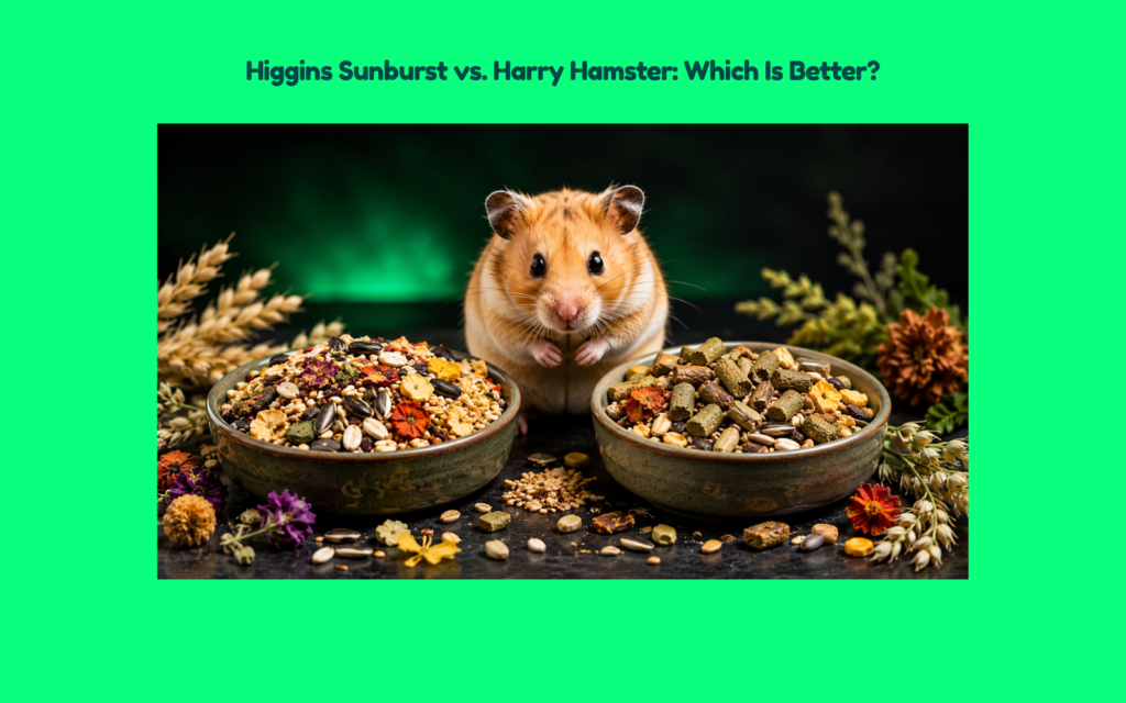 Syrian hamster positioned between two bowls of premium hamster food with visible seeds, pellets, grains, dried vegetables, and forage ingredients
