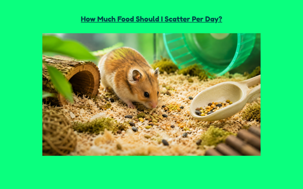 Alt Text: Golden hamster foraging through scattered seed mix across bedding in a natural enclosure beside a measured food scoop, illustrating daily scatter feeding and portion control.