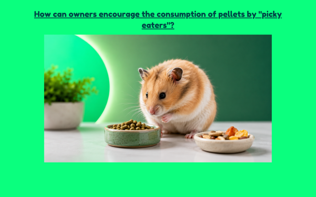 Hamster hesitating between a bowl of pellets and a dish of treats, illustrating selective eating behavior and pellet acceptance challenges.