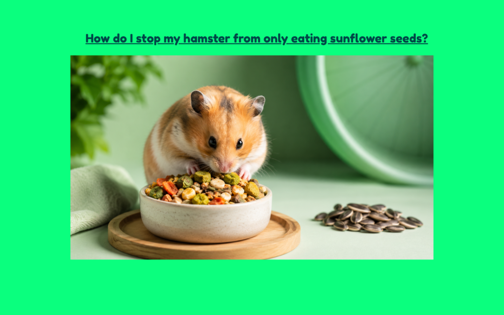 Syrian hamster eating a balanced food mix from a ceramic bowl while sunflower seeds sit off to the side, illustrating healthier hamster feeding habits and diet variety.