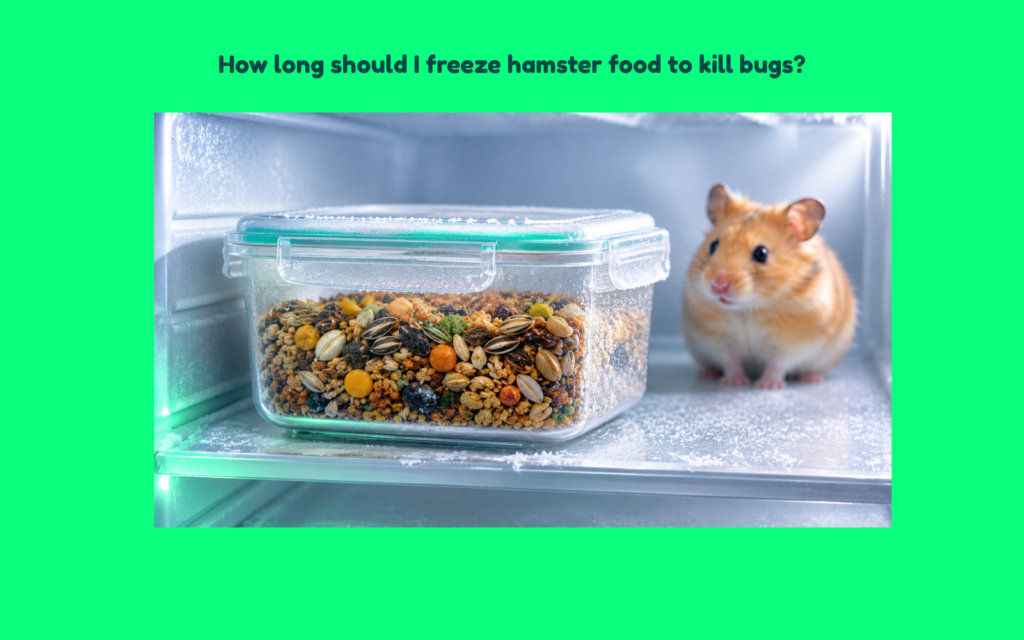 A sealed container of hamster food stored on a frosted freezer shelf with a hamster blurred in the background.