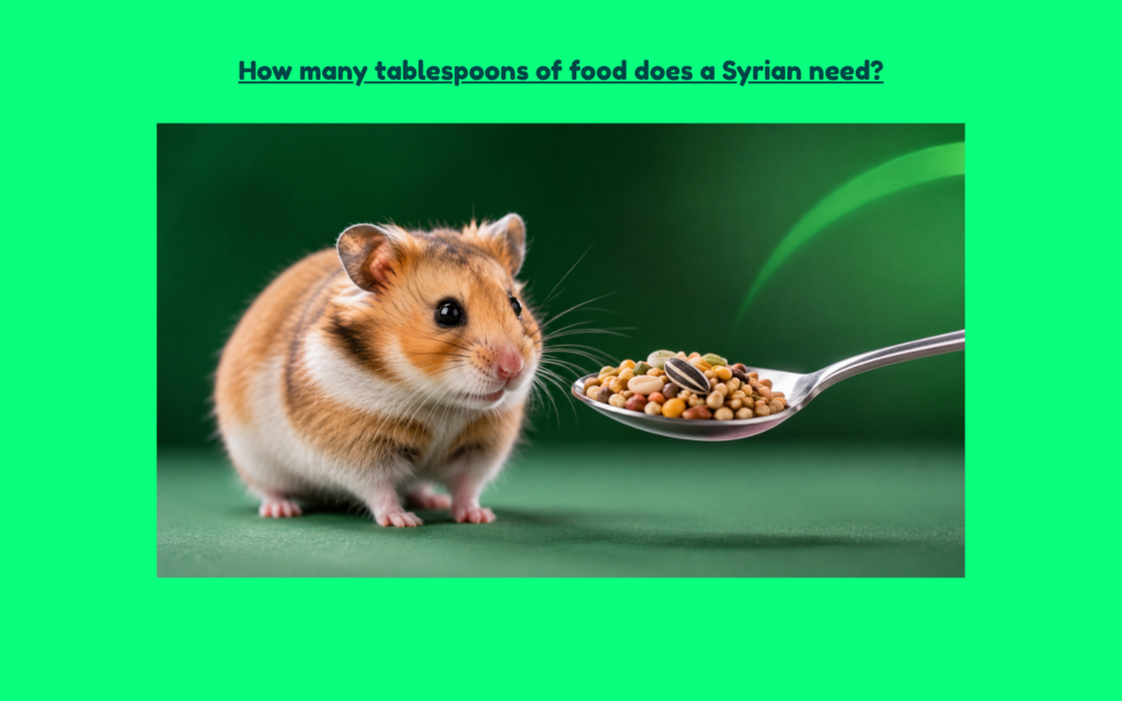 Syrian hamster looking at a tablespoon filled with hamster food seed mix on a clean green background, representing proper food portion measurement and feeding quantity