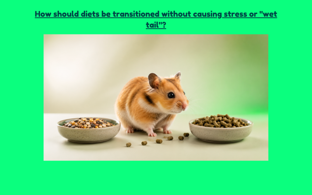 Syrian hamster cautiously evaluating a pellet-based diet while positioned between a bowl of mixed seeds and a bowl of uniform pellets, illustrating a gradual dietary transition designed to reduce stress and digestive upset